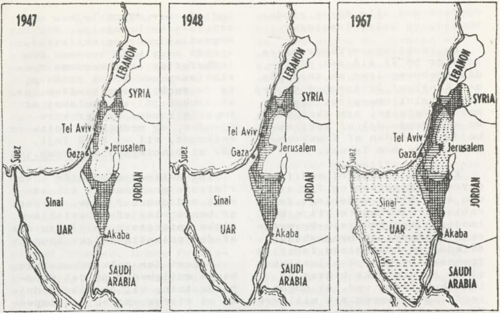 Kort over Palæstina 1947, 1948 og 1967.