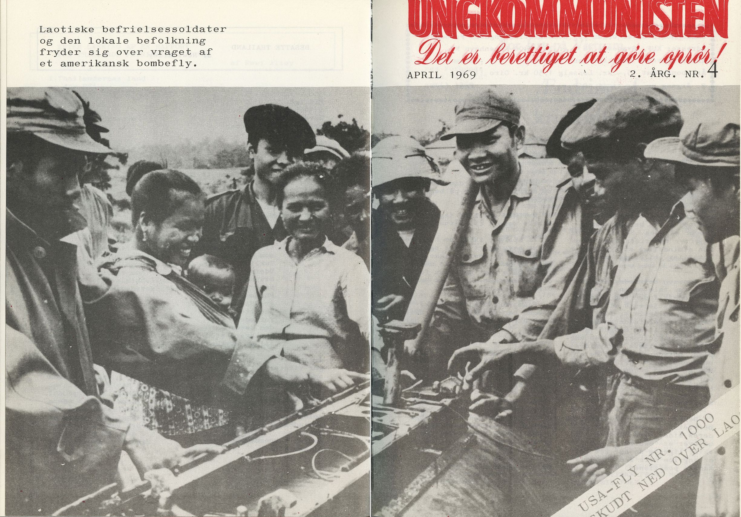 Omslag på Ungkommunisten 1969, nr. 4: Laotiske befrielsessoldater og den lokale befolkning fryder sig over vraget af et amerikansk bombefly.
