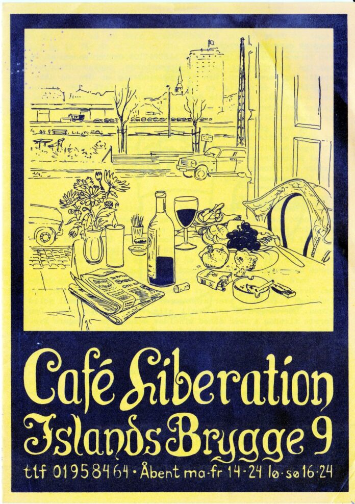 Folder for Café Liberation på Islands Brygge, København ca. 1987.