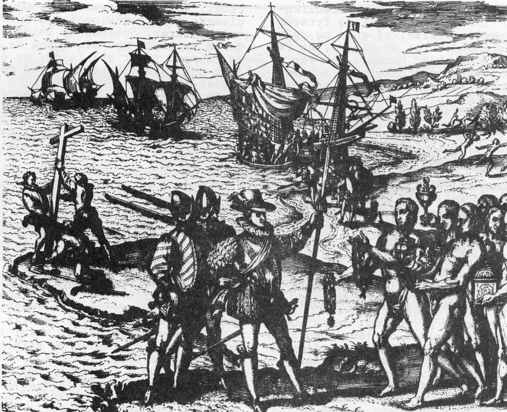 Columbus og hans soldater tager øen Hispaniola i besiddelse. Stik af de Bry.