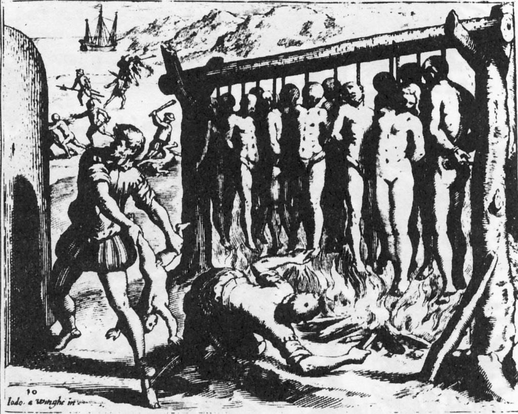 Illustration fra tysk udgave af "Ødelæggelse af indianerne" (1599) skrevet af den spanske dominikanermunk Las Casas, som var modstander af den brutale behandling af indianerne i Sydamerika.