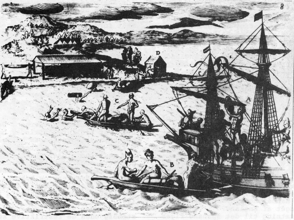 Hollandske skibe driver handel ved Guineas kyst. (A) skib (B) afrikanske købmænd, (C) de hollandske varer (bl.a. klæde bringes i land, (D) hus, hvor købmændene skal betale skat til høvdingen, (E) en kano, som slæbes på land. Stik fra de Bry: "Oriental Voyages", 1604.