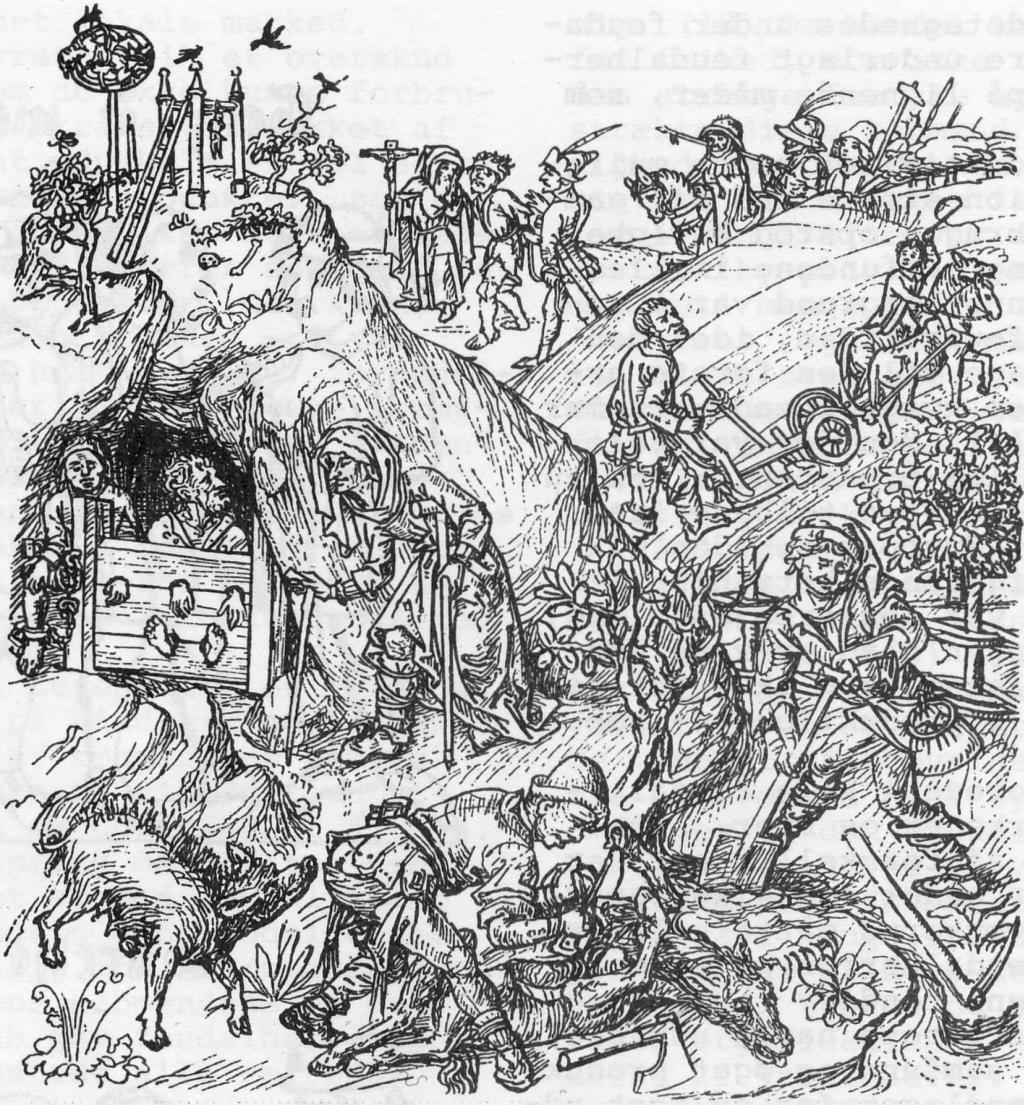 Denne illustration fra "Mittelalterische Hausbuch" (1400-tallet) viser nogle eksempler på voldens betydning for udbytningen i det feudale Europa.