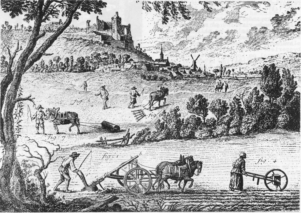 Moderne landbrug i 1700-tallet. Billedet er fra et fransk leksikon og viser idealiseret engelsk landbrug. Der ses "moderne" redskaber. Der er gennemført arbejdsdeling. Jorden er udskiftet og middelalderborgen, feudalismens symbol, ligger i ruiner.