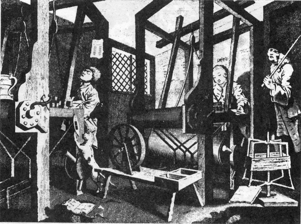 Engelsk klæde-manufaktur ca. 1747. Billedet er fra en moralsk tegneserie og er ledsaget af teksten: "Doven hånd skaber fattigdom, flittig hånd skaber rig."