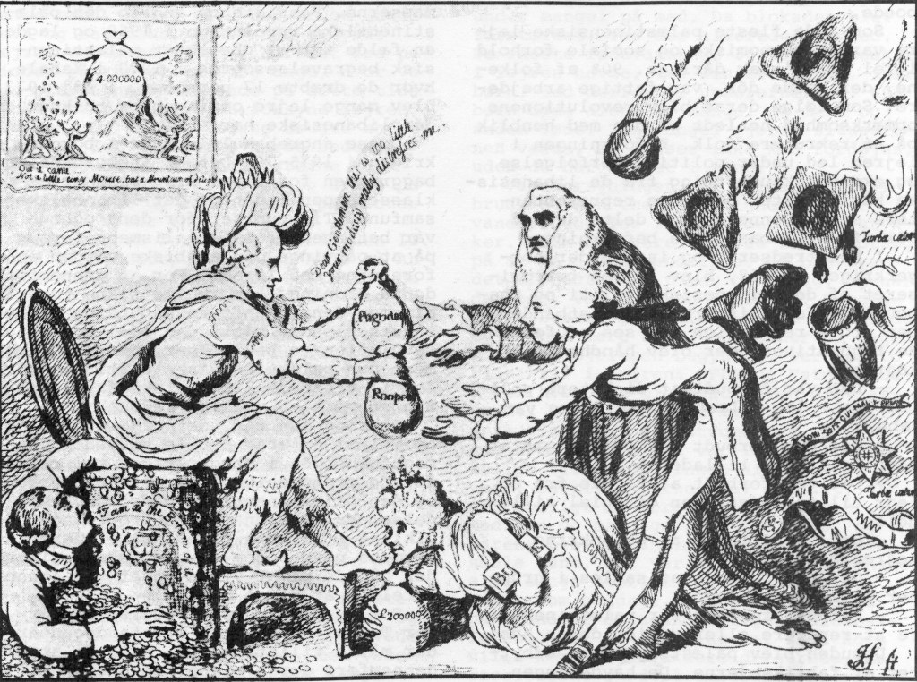 Englands overklasse på knæ for en "nabob", som de engelske købmænd eller kompagniembedsmænd, der havde skabt sig formuer i Indien, kaldtes. Dronningen kysser hans fod og kongen, Georg III roder i pengekisten, mens repræsentanter for kirke og stat alle prøver at få del i "pagodetræets" frugter. Stik af Gillray, 1778.