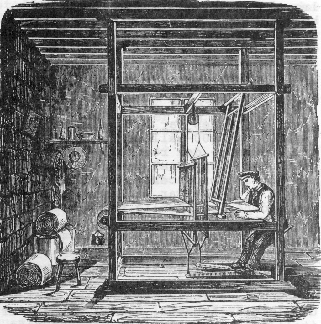 Hjemmeindustri. Håndvæveren ved sin væv. Fra begyndelsen af 1700-tallet.