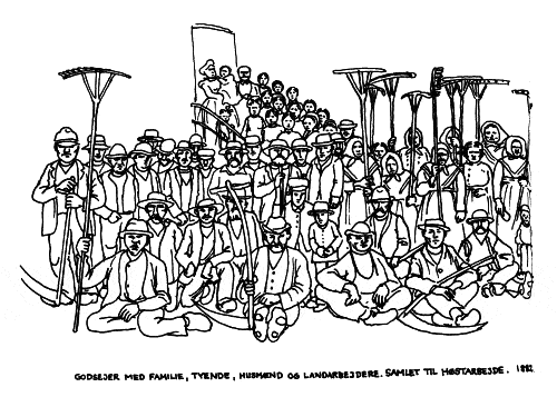 Tegning af Madsen. Godsejer med familie, tyende, husmænd og landarbejdere. Samlet til høstarbejde. 1882