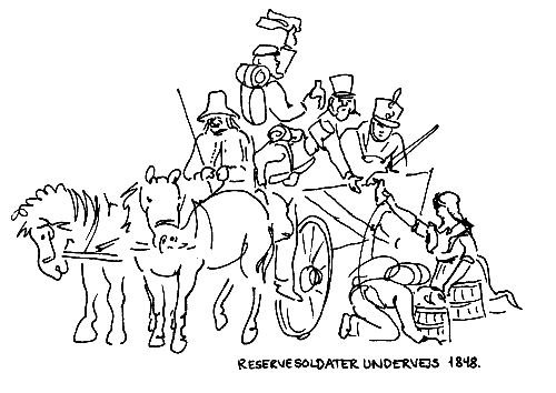 Tegning af Madsen. Reservesoldater undervejs 1848