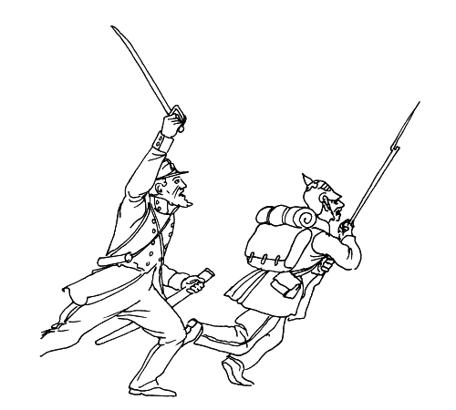 Tegning af Madsen. Soldater i kamp