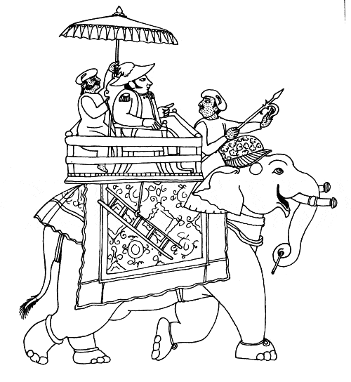 Tegning af Madsen. Koloniherre lader sig transportere på elefantryg