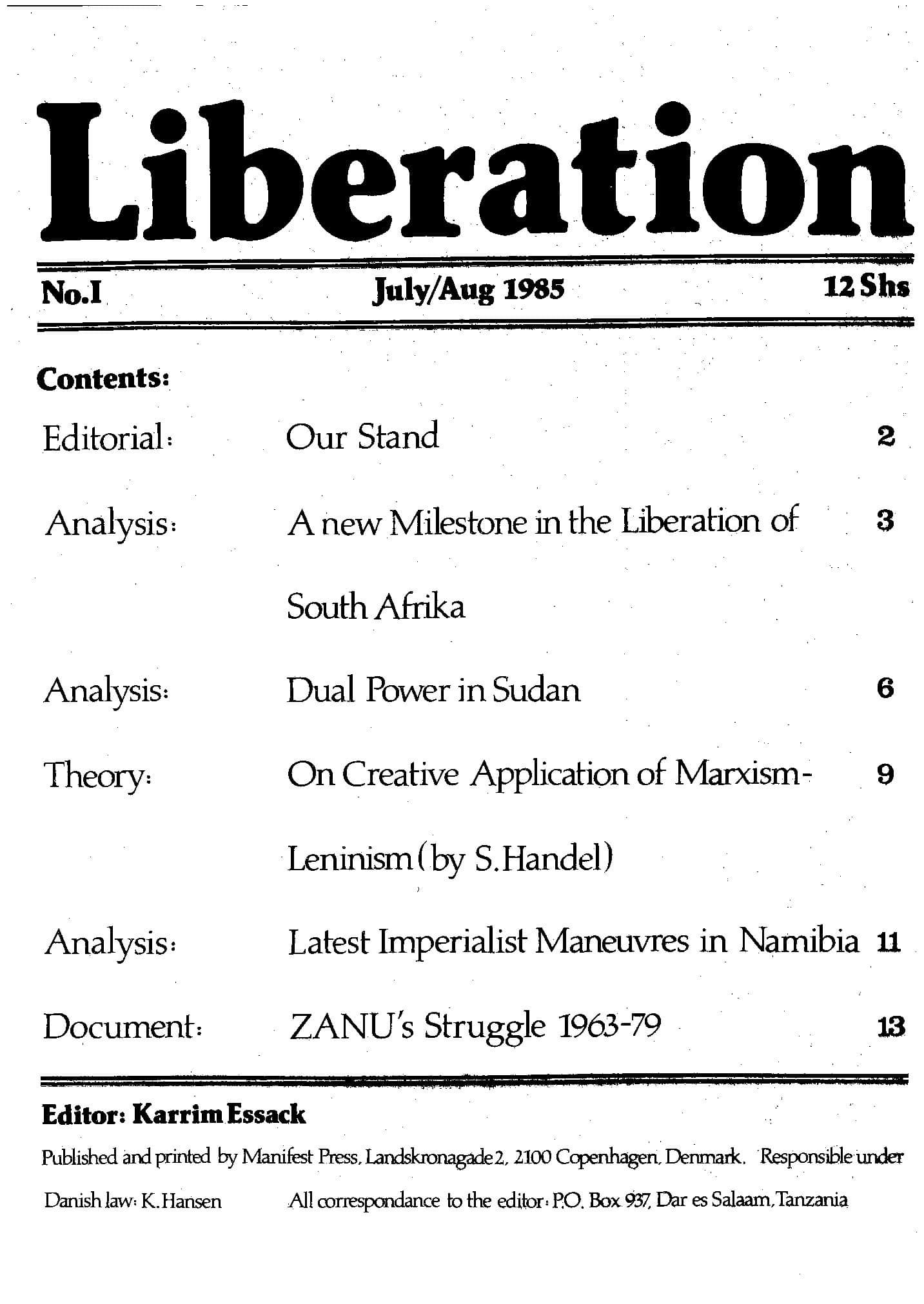 First issue of Liberation, july/august 1985.